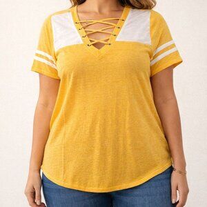 Maurices 24/7 Baseball T Shirt Yellow White Striped Short Sleeve Womens Size 1X